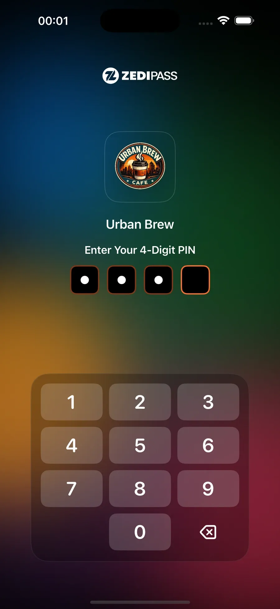 ZediPass Business app: staff PIN sign-in for a showcase café