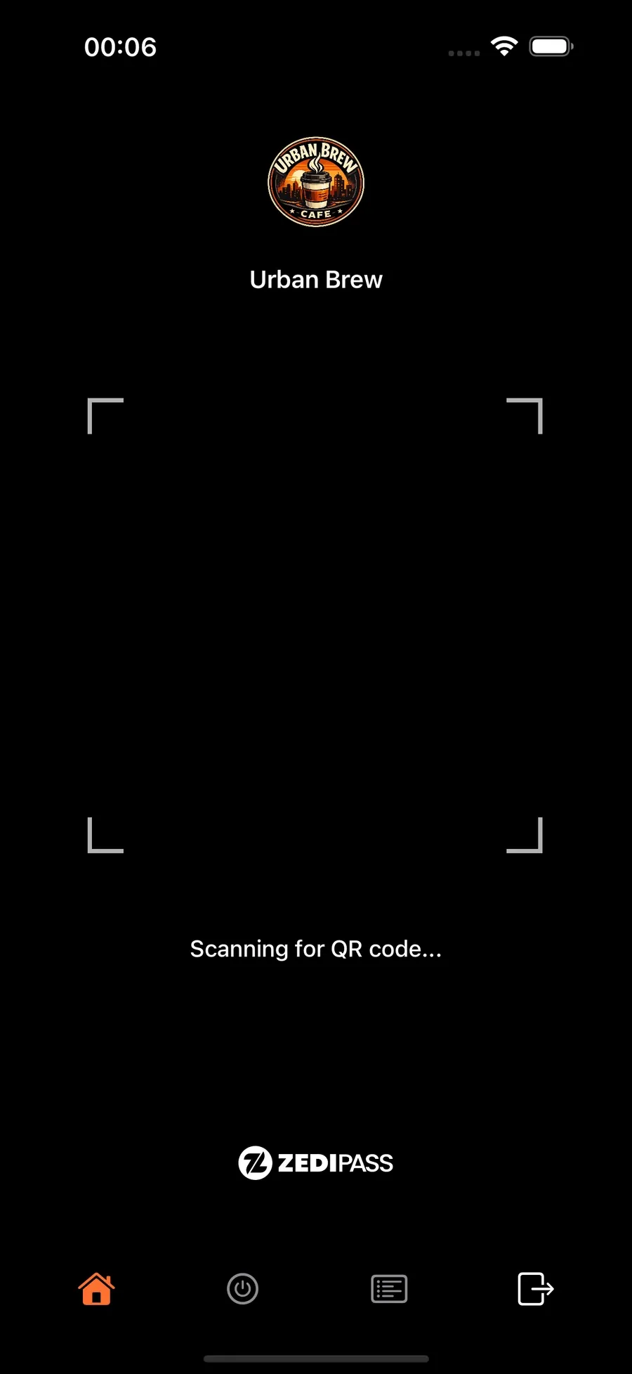 ZediPass Business app on iPhone: scanning for a customer’s QR pass