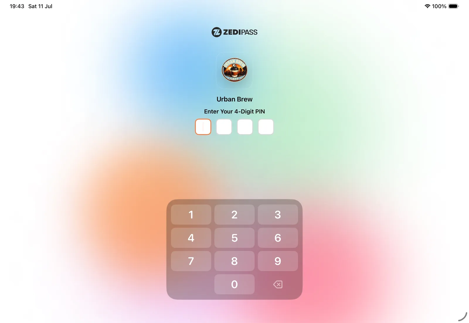 ZediPass Business app on iPad: staff PIN sign-in for a showcase café
