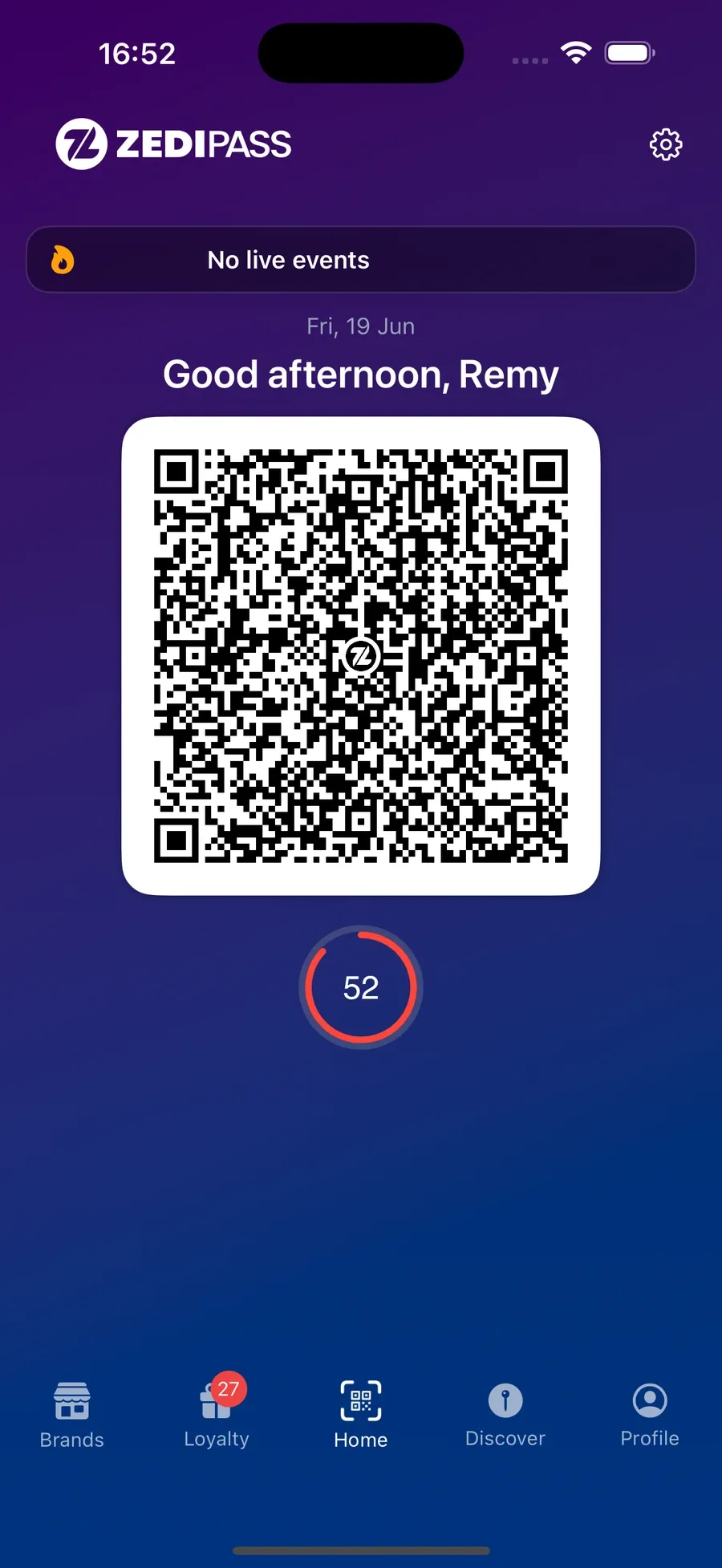 ZediPass customer app: a personal QR pass greeting a demo customer
