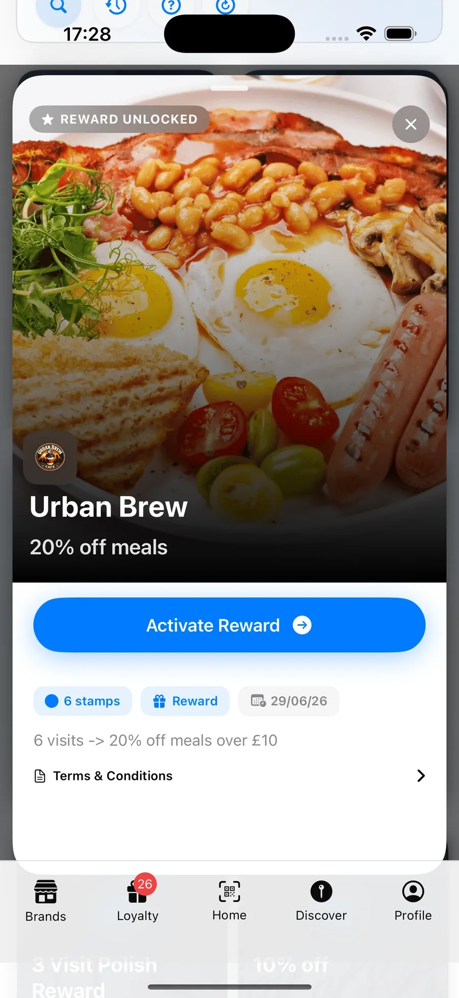 ZediPass customer app: a reward unlocked at a showcase café, ready to activate