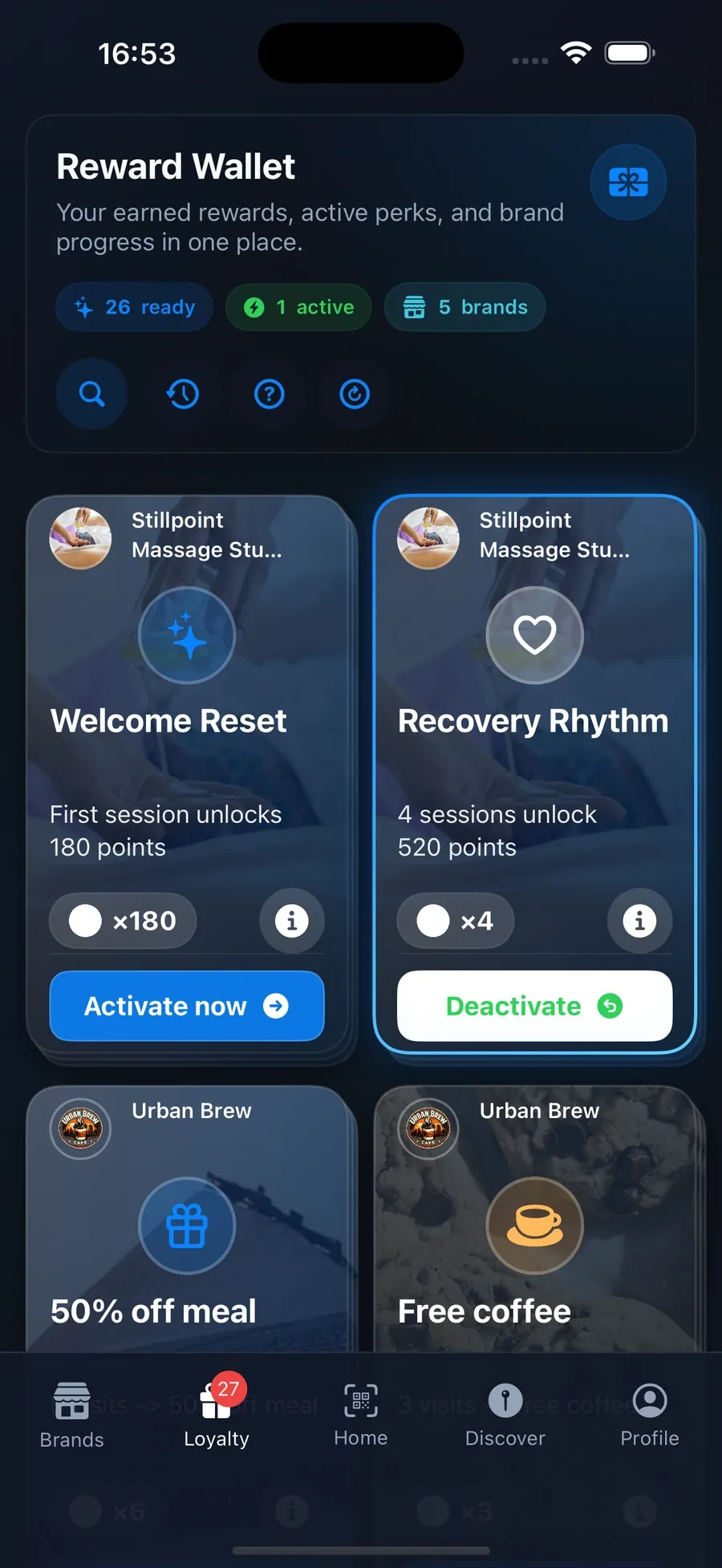 ZediPass customer app: a reward wallet holding rewards from showcase businesses