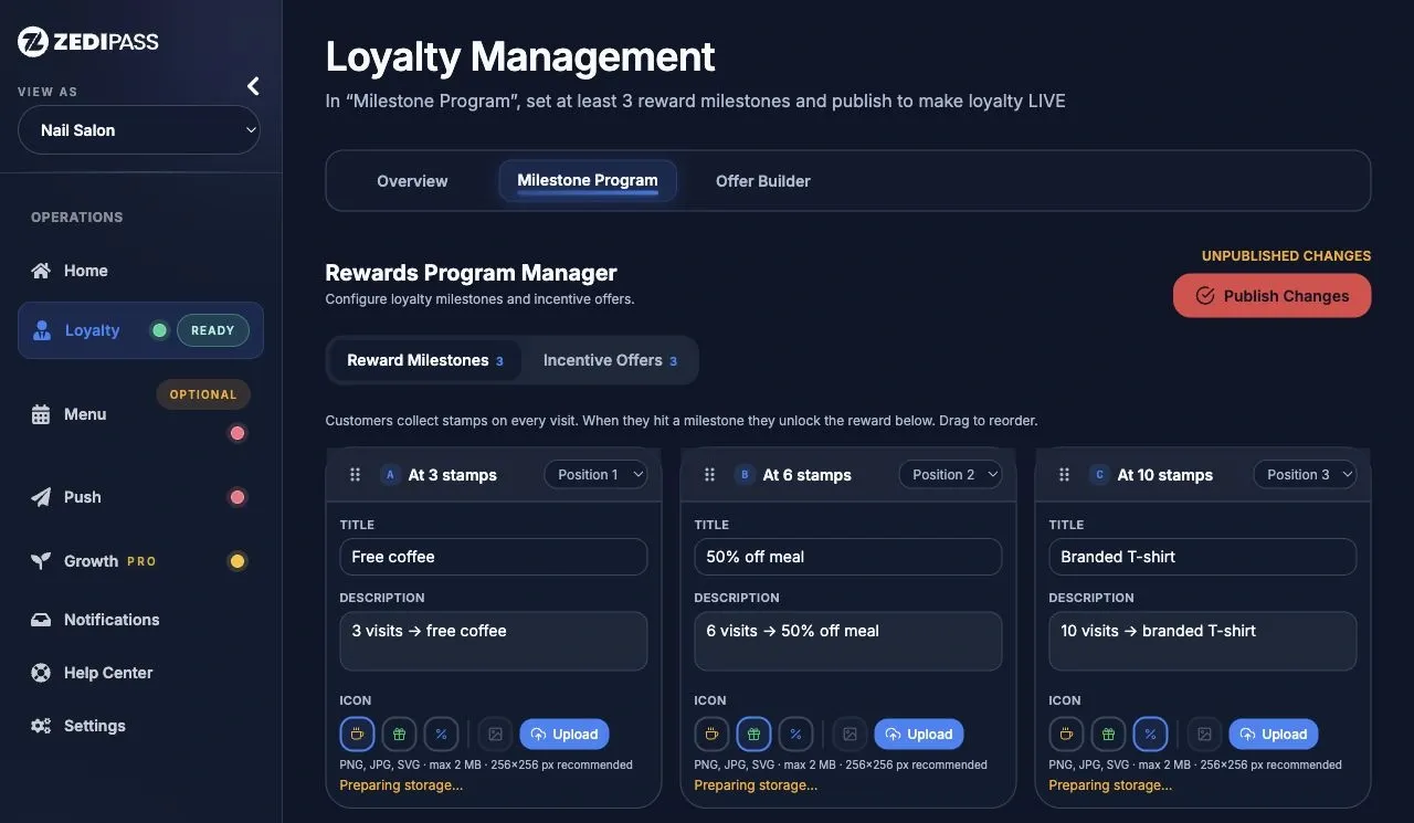 ZediPass business dashboard: a loyalty programme with three reward milestones, ready to publish