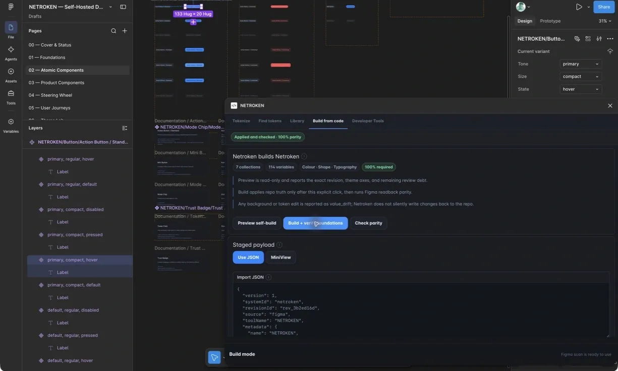 The internal build in Figma Desktop, rebuilding Netroken’s own design system from code and checking it to 100% parity.