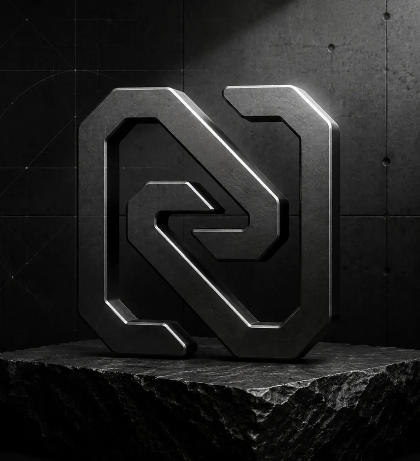 The Netro Labs mark, cast in dark metal on a stone plinth