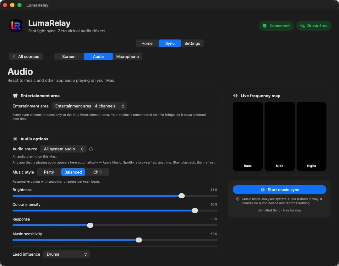 Audio sync settings: entertainment area, music style, brightness, colour intensity and a live frequency map.