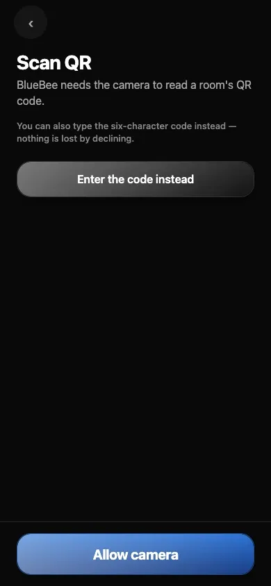 Scan a room’s QR code, or type the six-character code instead.