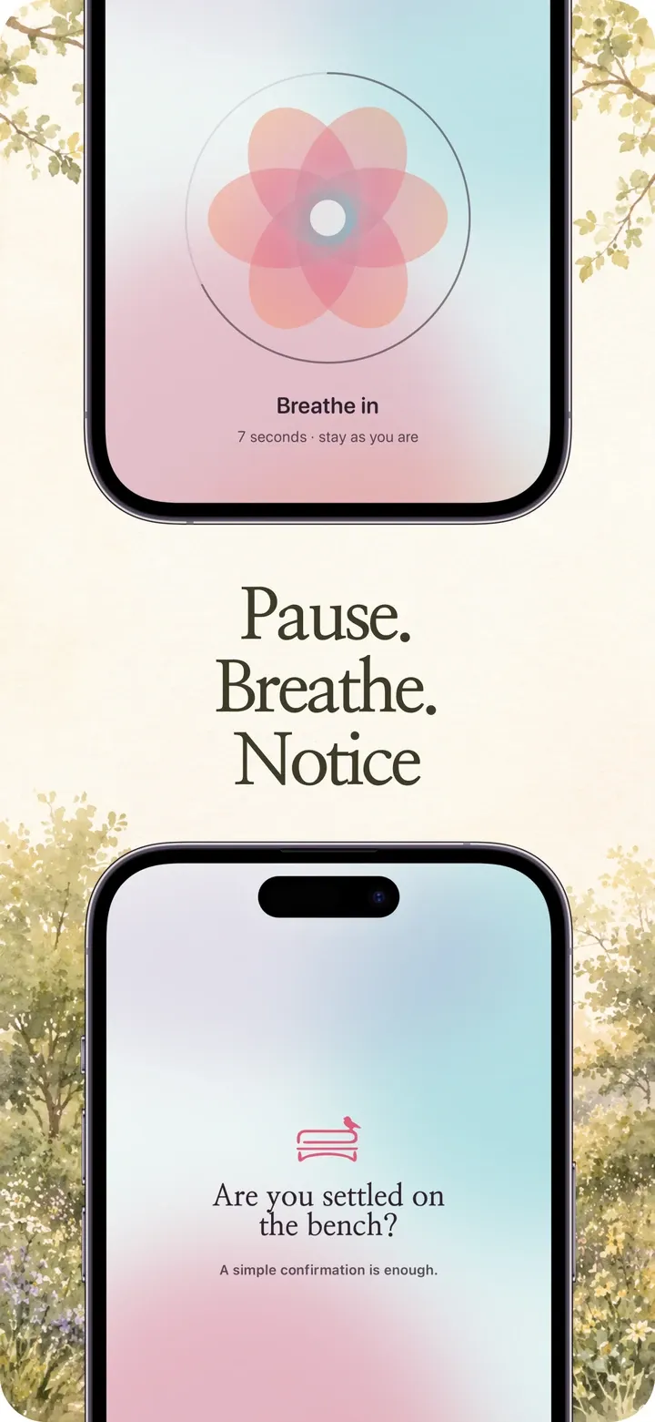 Pause. Breathe. Notice: a guided pause on the bench.