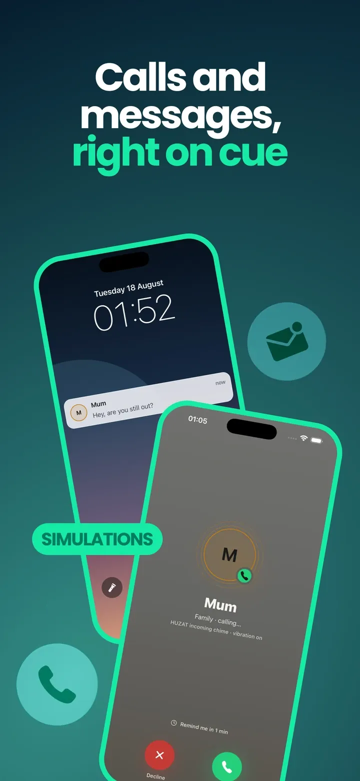 Calls and messages, right on cue: a simulated message and an incoming simulated call.