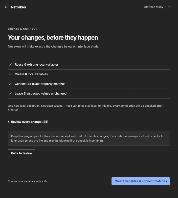 Every change is listed before anything happens: variables to create, matches to connect, values left alone.