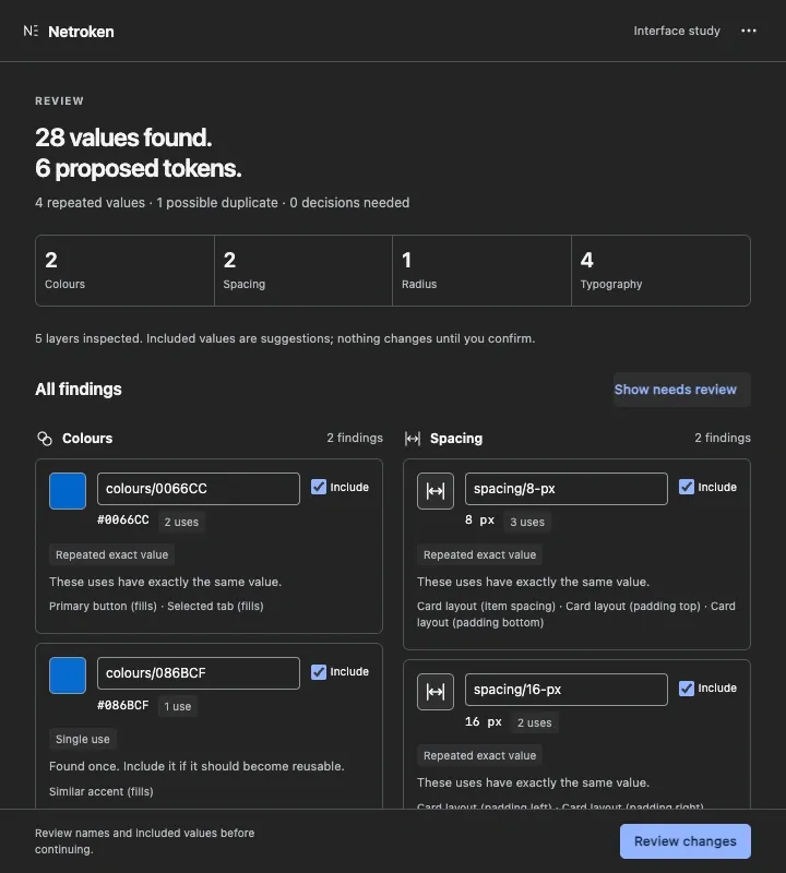 Token Miner reviewing a test file: every repeated value found, grouped and waiting for a decision.