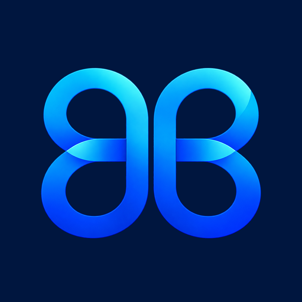 BlueBee app icon with a blue mirrored loop mark on a dark background